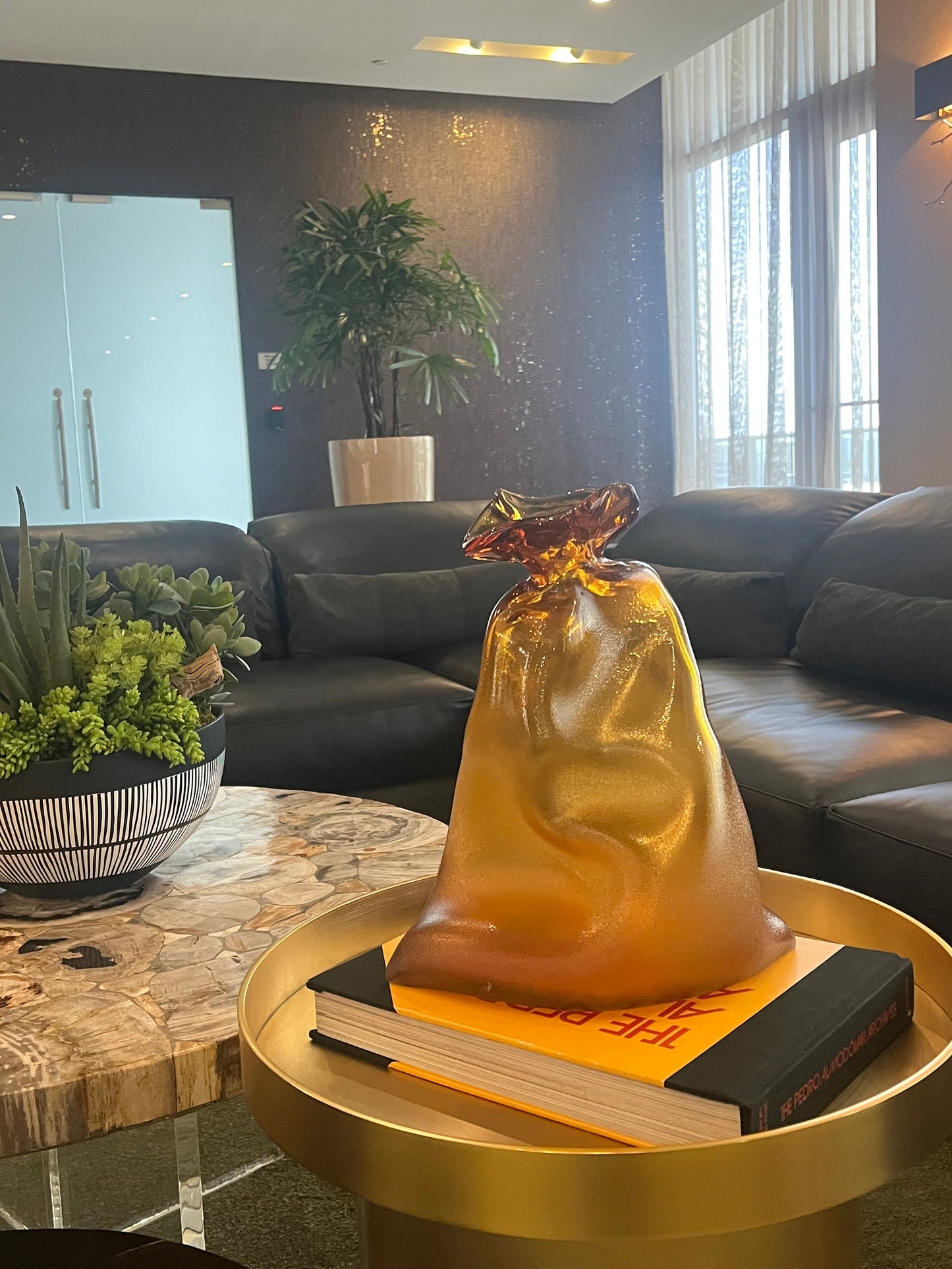 Handmade Blown Art Glass Vase for Home Decor and Room Decoration "Amber Bag"
