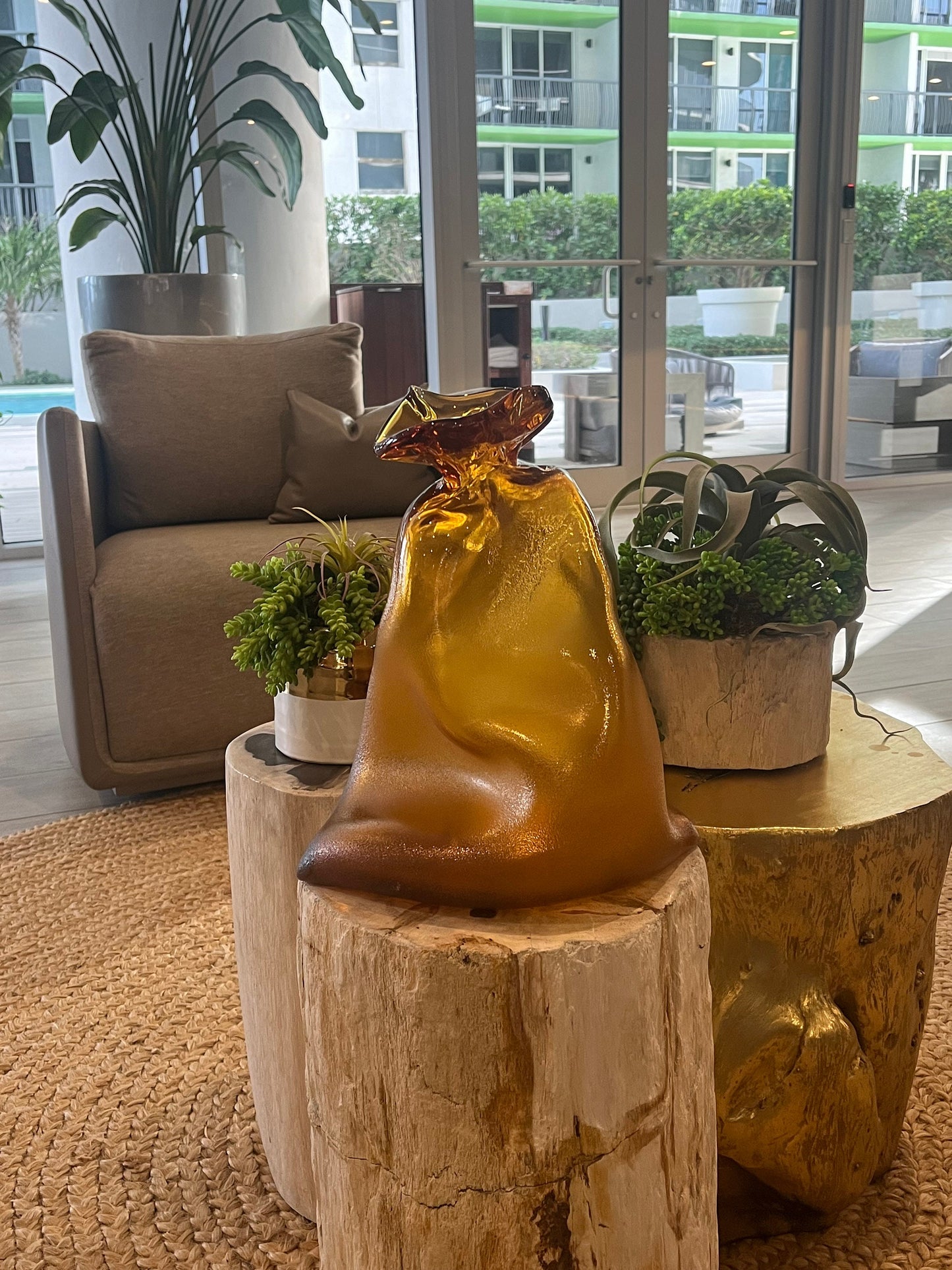 Handmade Blown Art Glass Vase for Home Decor and Room Decoration "Amber Bag"