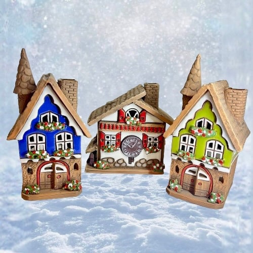 Christmas Ceramic House Collection - Handmade Collectible Miniature, Candle Holder, Room Decoration, Home Decor