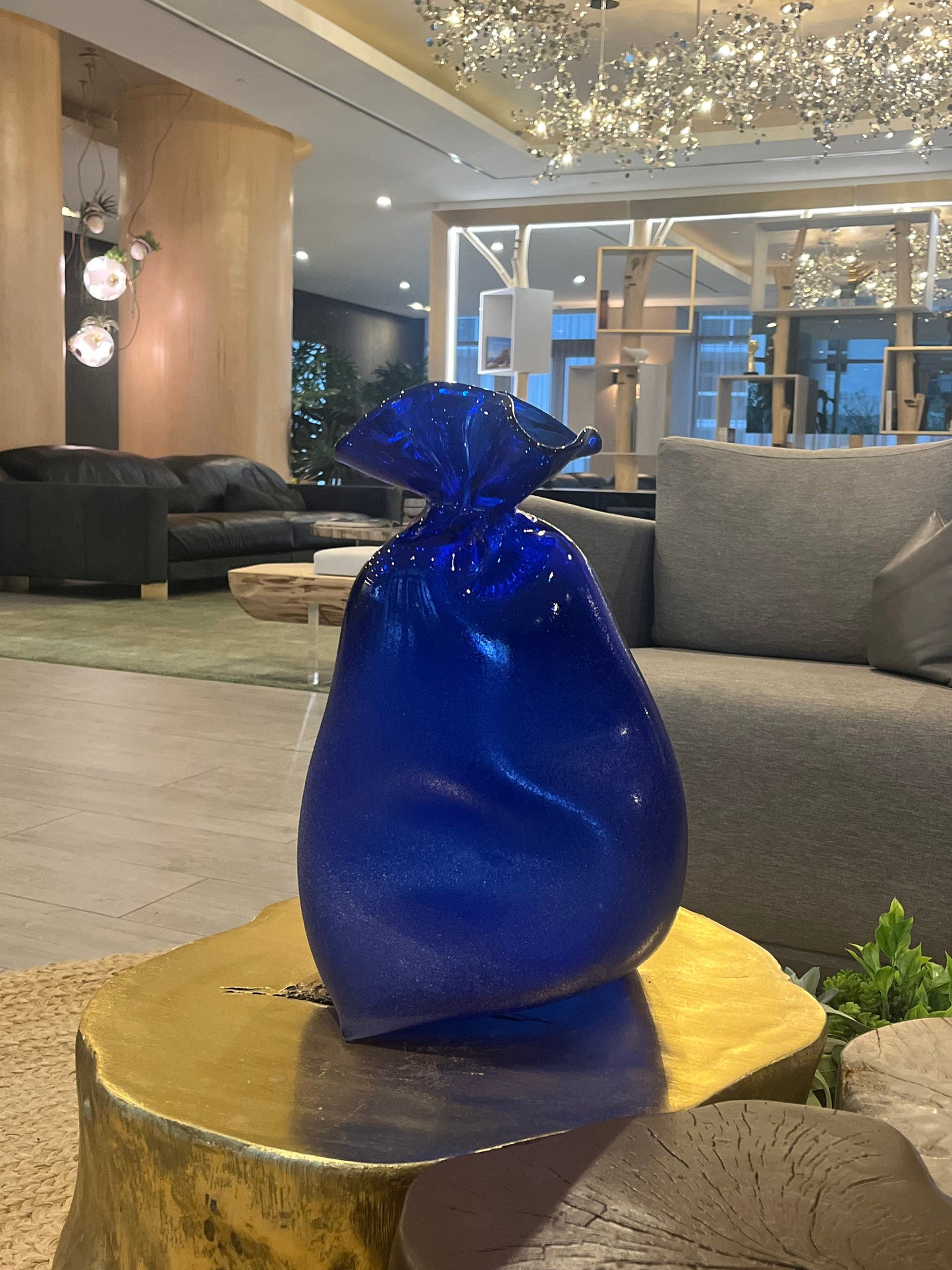 Handmade Blown Art Glass Vase for Home Decor and Room Decoration "Blue Bag"