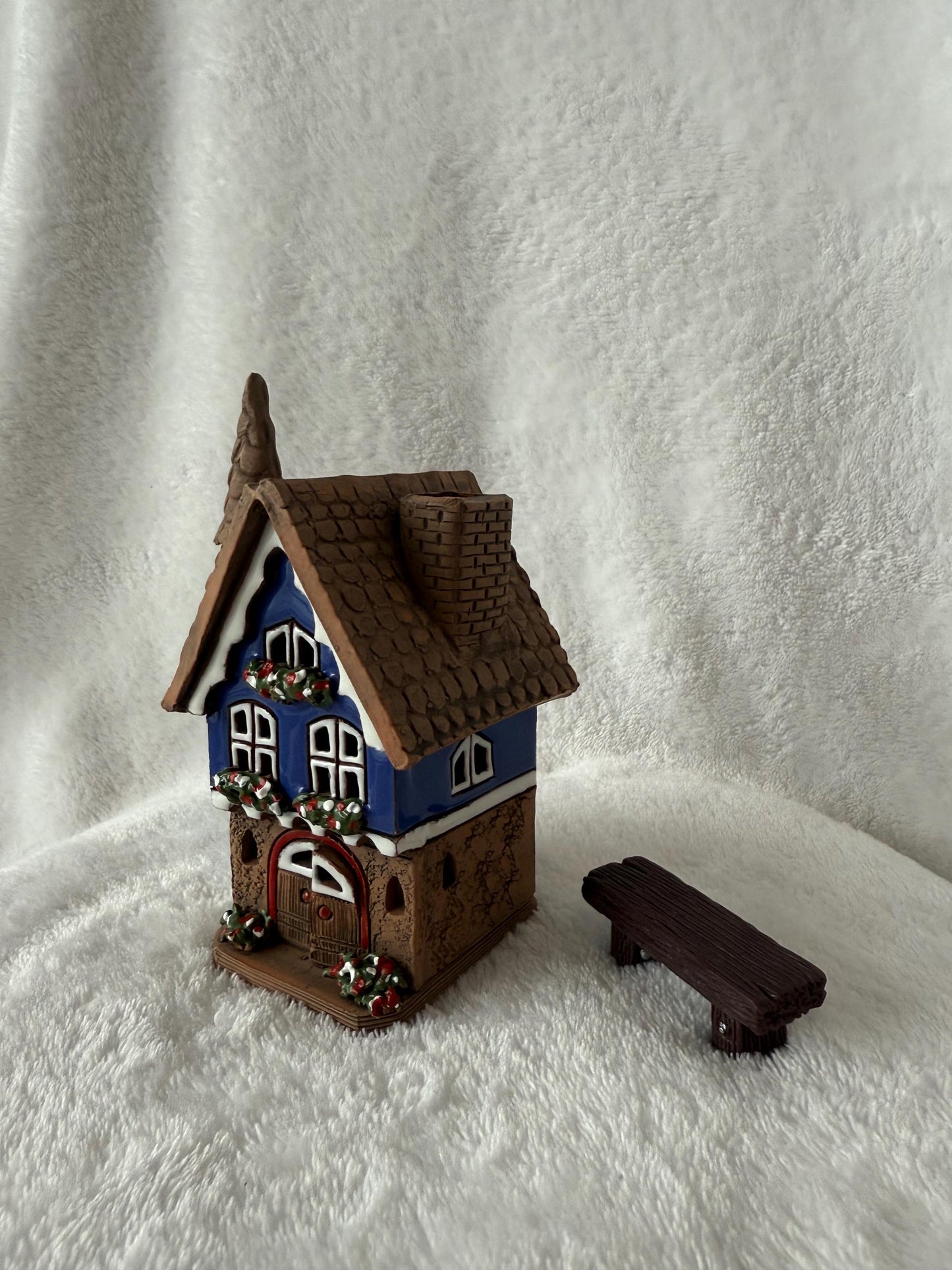 Christmas Ceramic House Collection - Handmade Collectible Miniature, Candle Holder, Room Decoration, Home Decor (R90 blue)