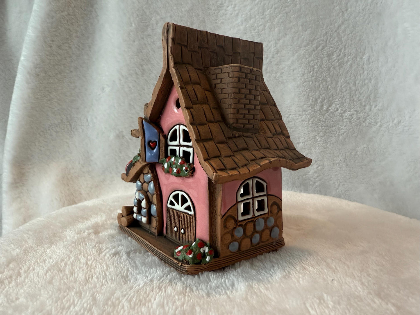 Christmas Ceramic House Collection - Handmade Collectible Miniature, Candle Holder, Room Decoration, Home Decor (R87 Pink)