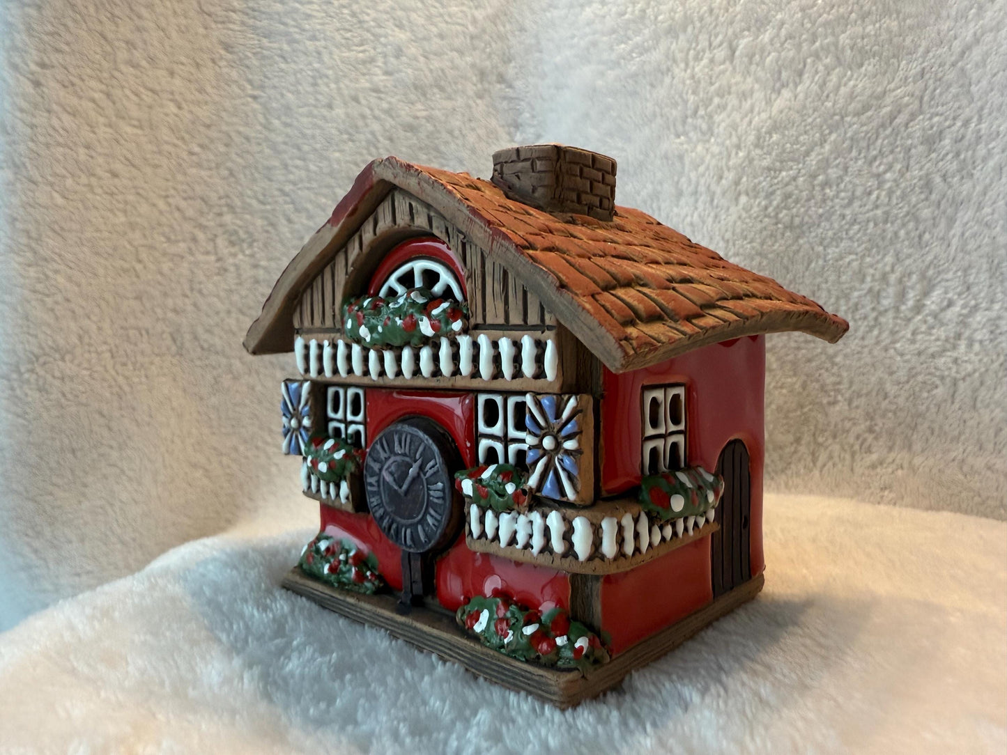 Christmas Ceramic House Collection - Handmade Collectible Miniature, Candle Holder, Room Decoration, Home Decor (R16 red)