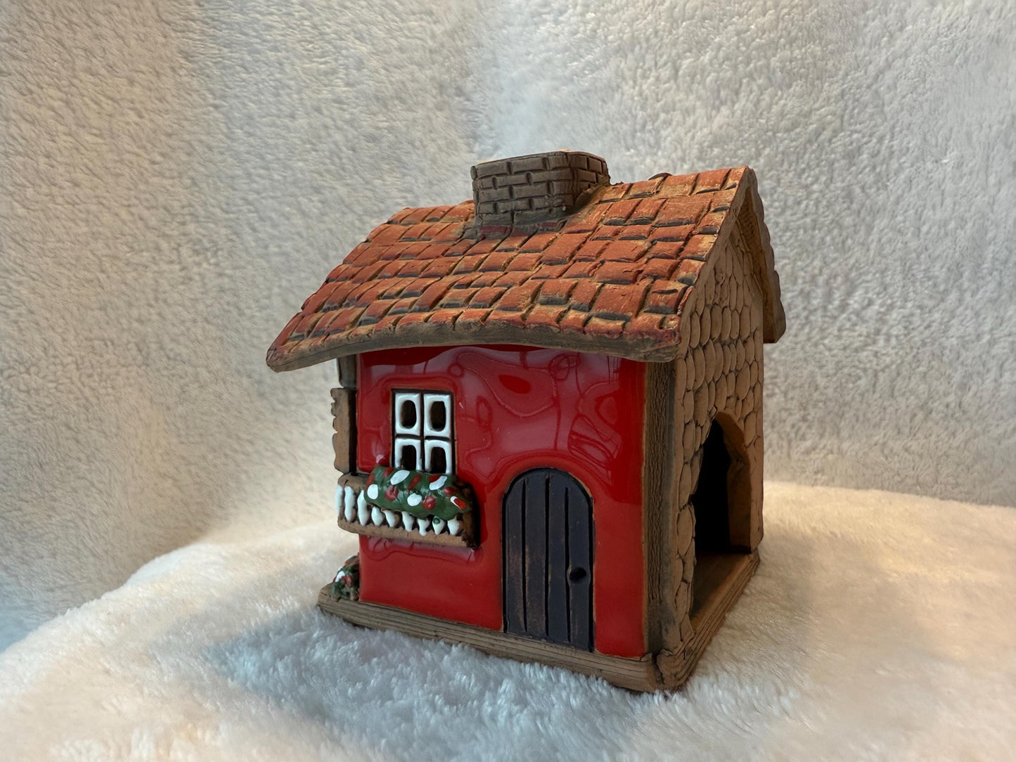 Christmas Ceramic House Collection - Handmade Collectible Miniature, Candle Holder, Room Decoration, Home Decor (R16 red)