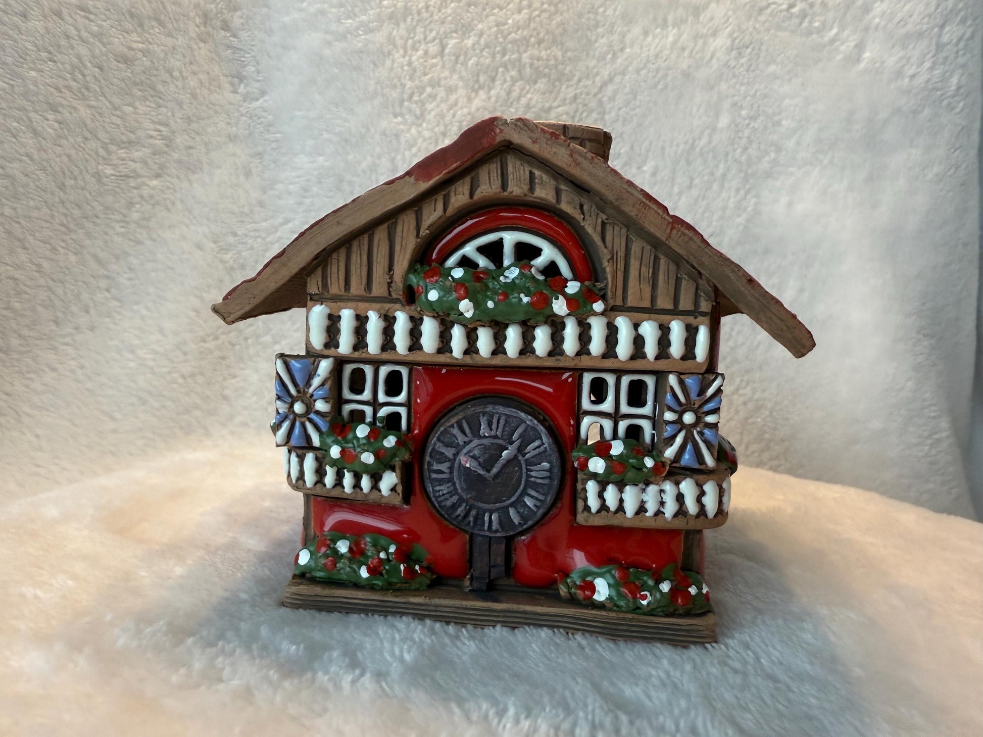 Christmas Ceramic House Collection - Handmade Collectible Miniature, Candle Holder, Room Decoration, Home Decor (R16 red)