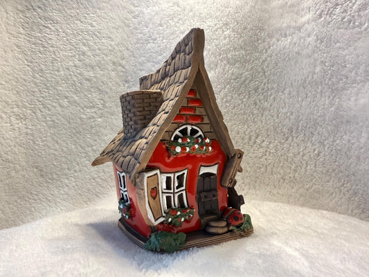 Christmas Ceramic House Collection - Handmade Collectible Miniature, Candle Holder, Room Decoration, Home Decor (R55 red)