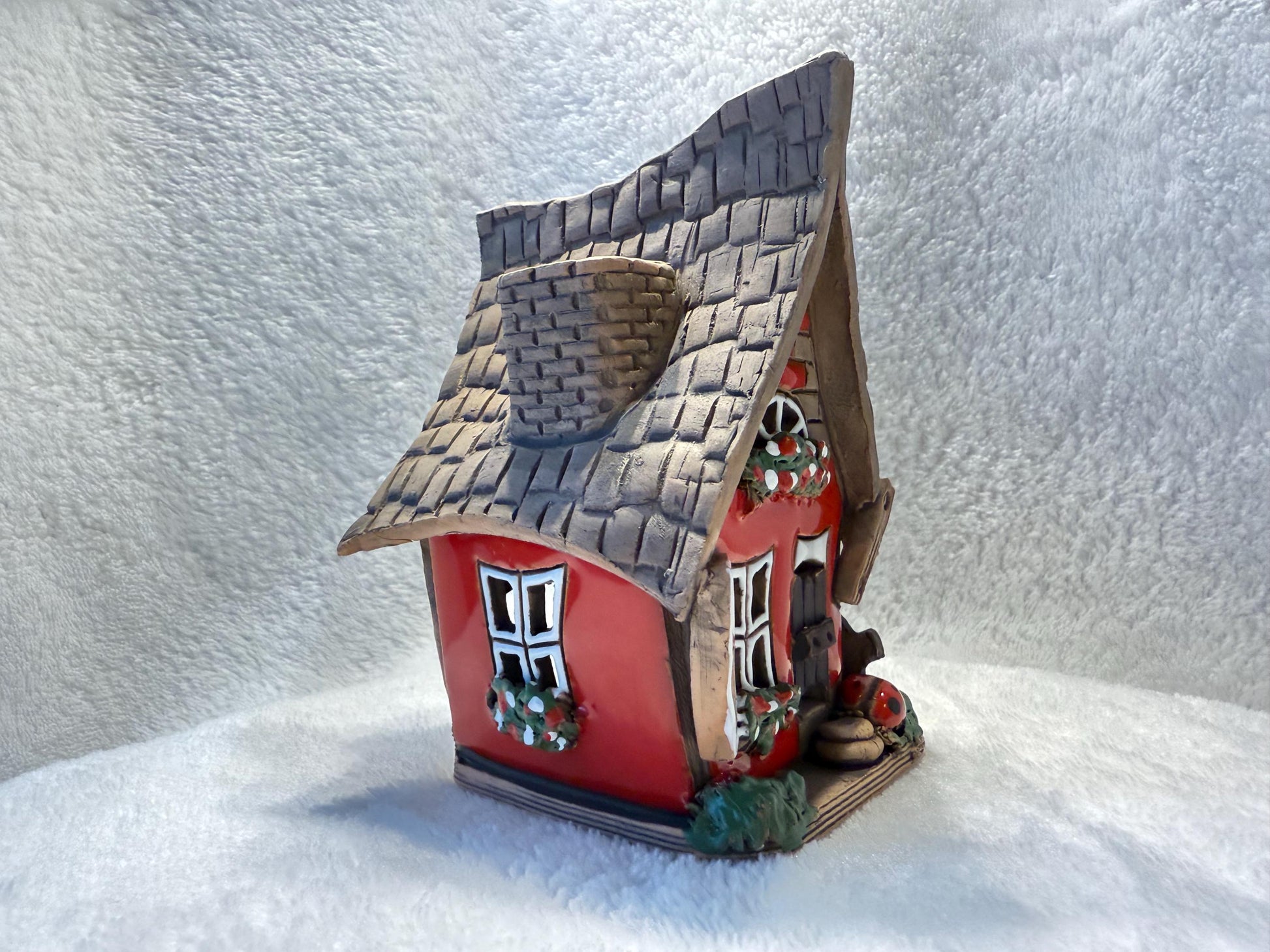 Christmas Ceramic House Collection - Handmade Collectible Miniature, Candle Holder, Room Decoration, Home Decor (R55 red)