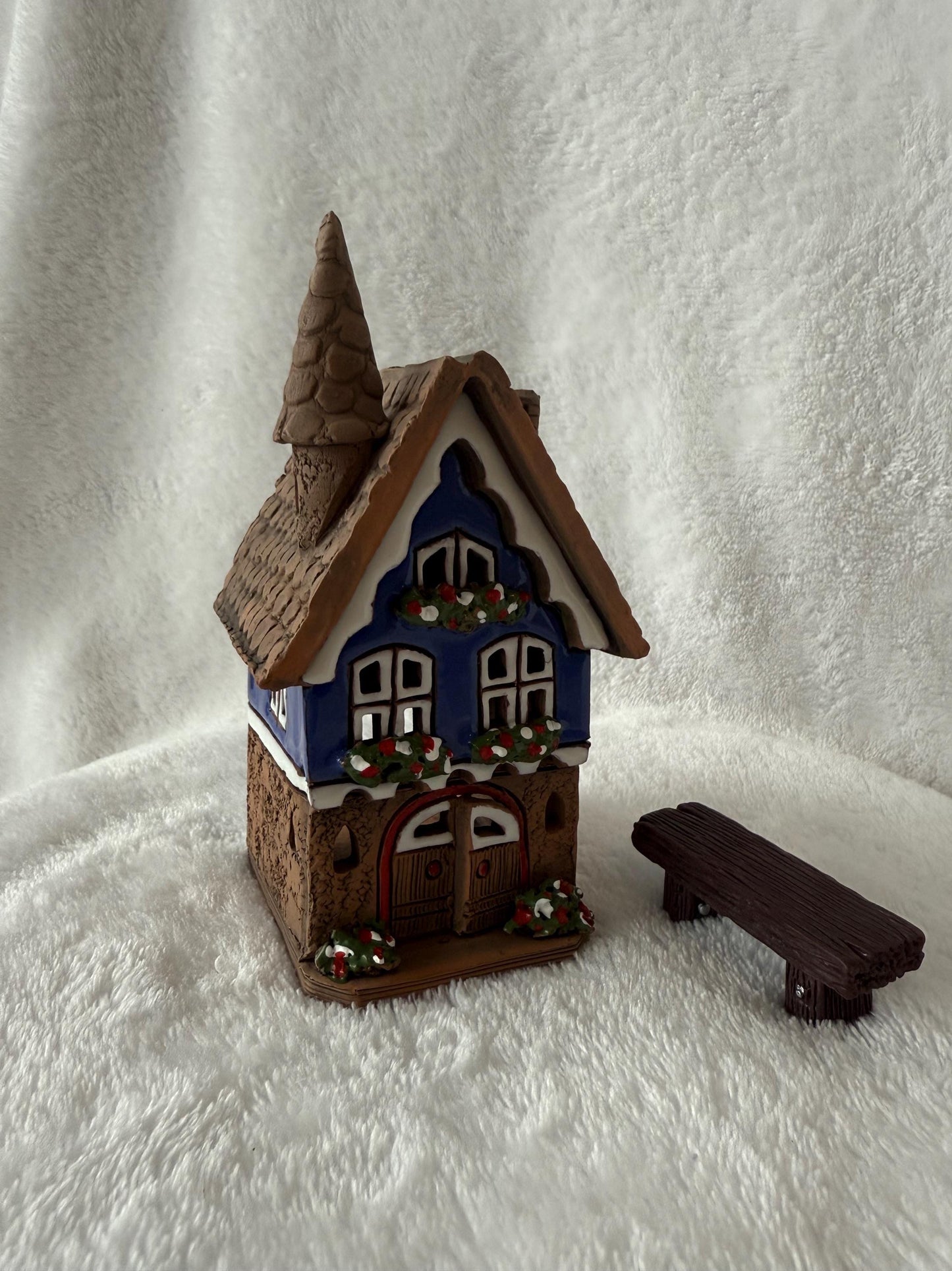 Christmas Ceramic House Collection - Handmade Collectible Miniature, Candle Holder, Room Decoration, Home Decor (R90 blue)