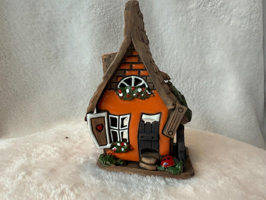 Christmas Ceramic House Collection - Handmade Collectible Miniature, Candle Holder, Room Decoration, Home Decor (R55 Orange)