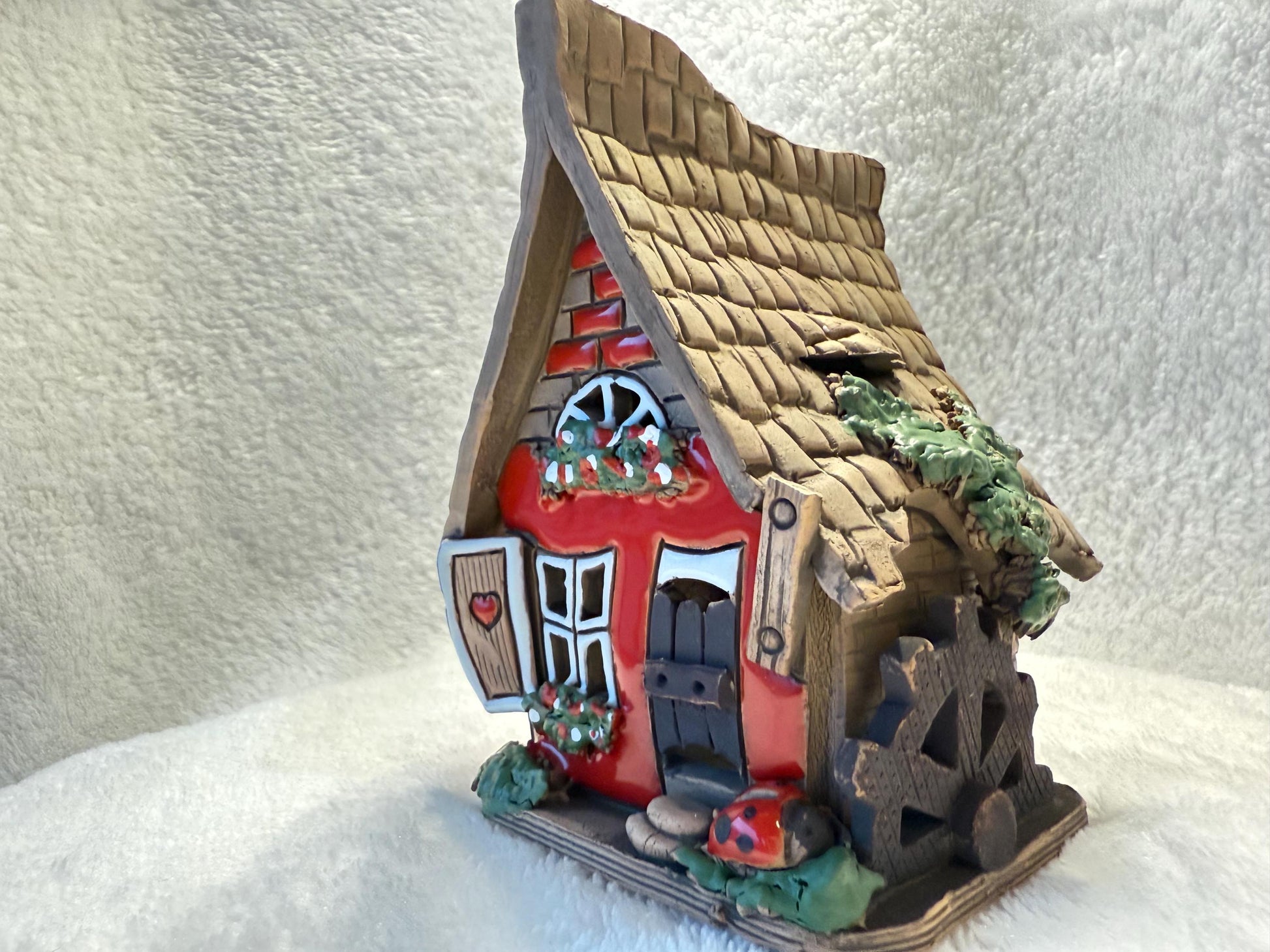 Christmas Ceramic House Collection - Handmade Collectible Miniature, Candle Holder, Room Decoration, Home Decor (R55 red)