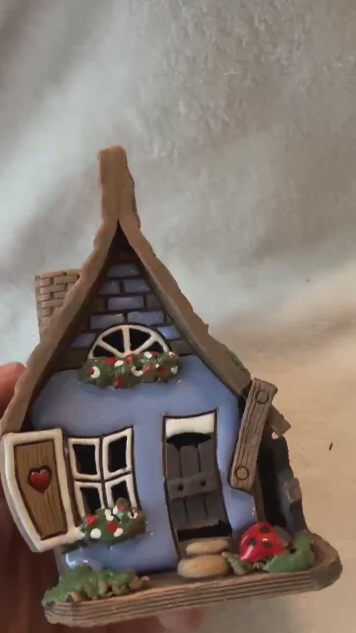 Christmas Ceramic House Collection - Handmade Collectible Miniature, Candle Holder, Room Decoration, Home Decor (R55 Dark Blue)